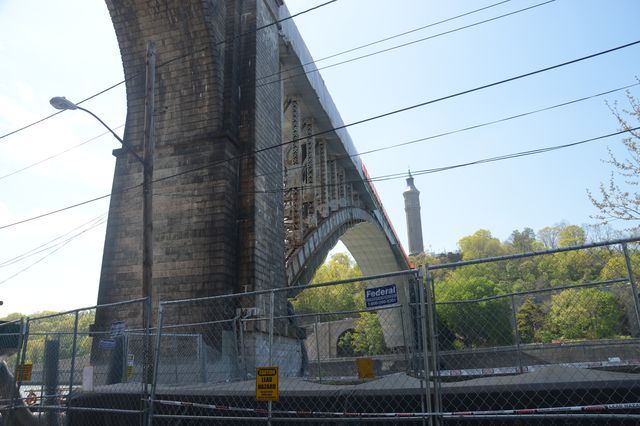Steel span of the High Bridge as seen from the office trailers on the Bronx side<br/>